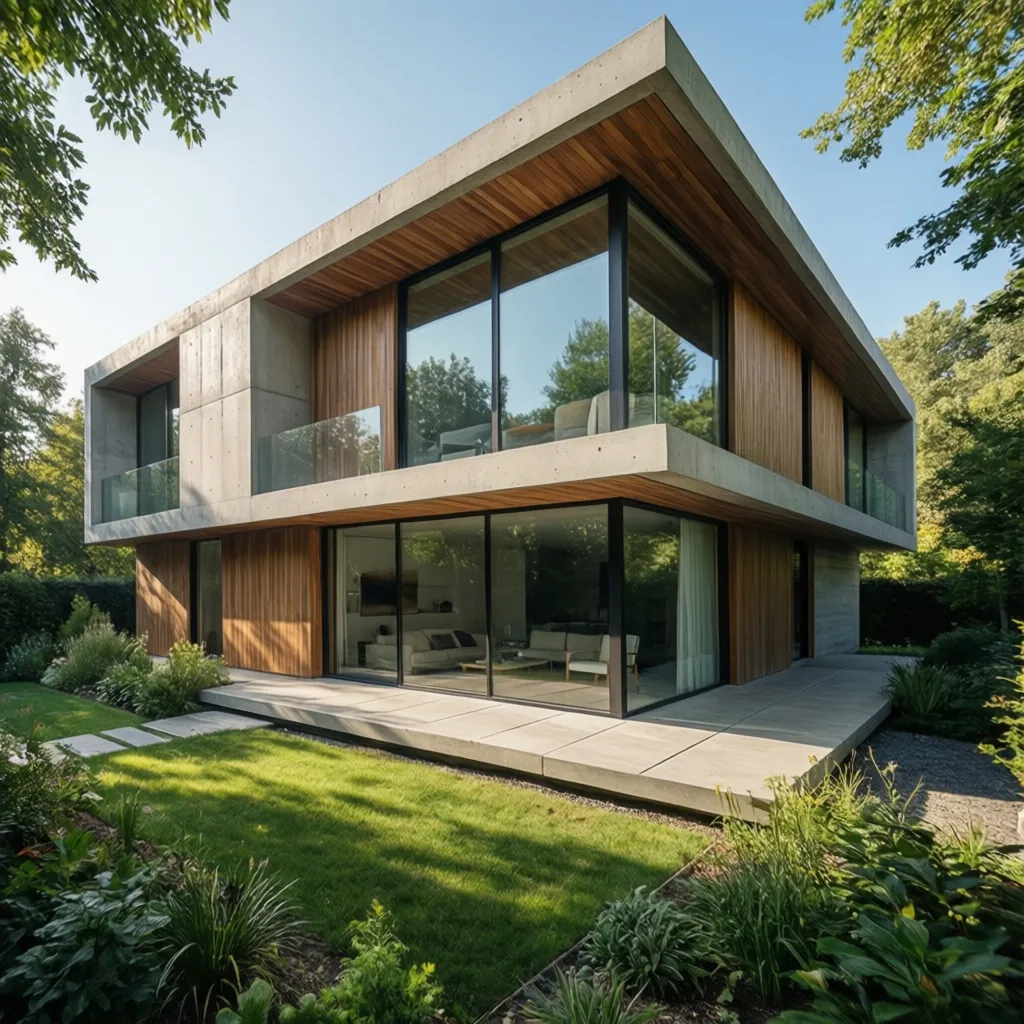 Two story modern house with concrete and wood walls large windows balcony and green garden