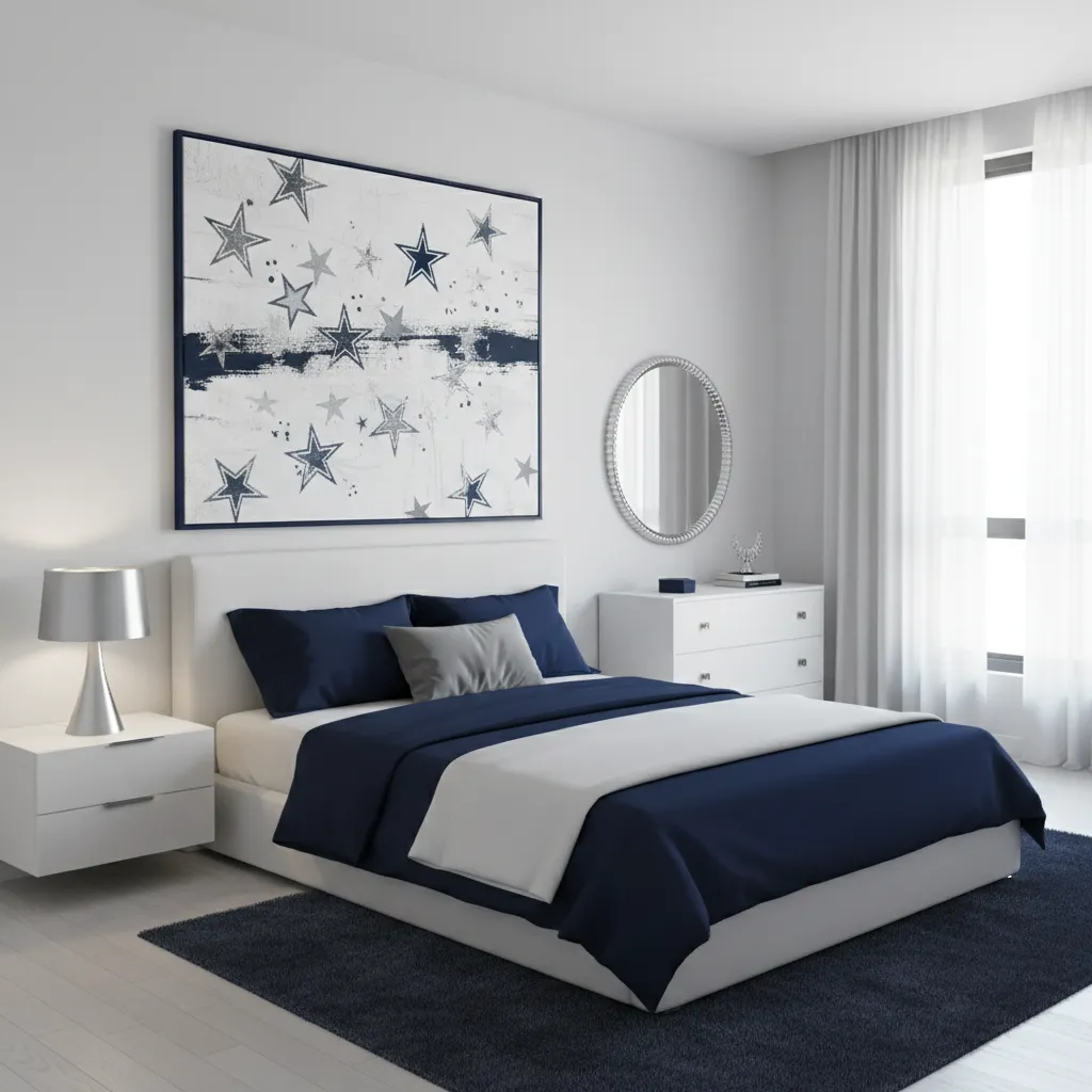 modern minimalist Dallas Cowboys themed bedroom with navy accents