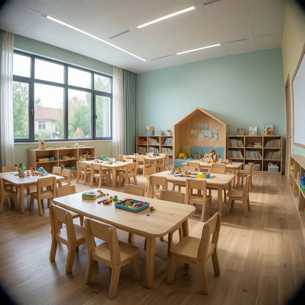 well designed daycare classroom with learning areas and play zones