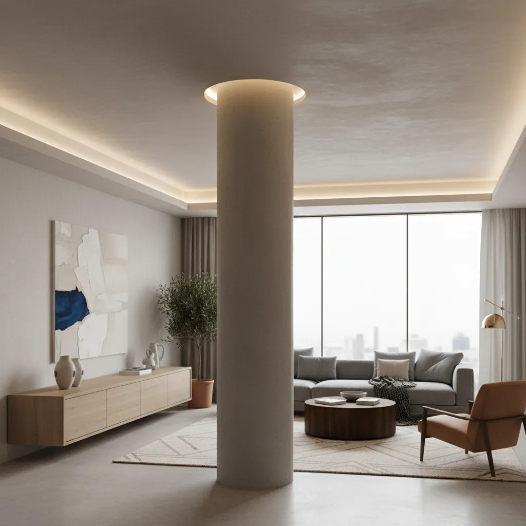 Modern living room featuring a round pillar grey sofa wooden cabinet and large city windows