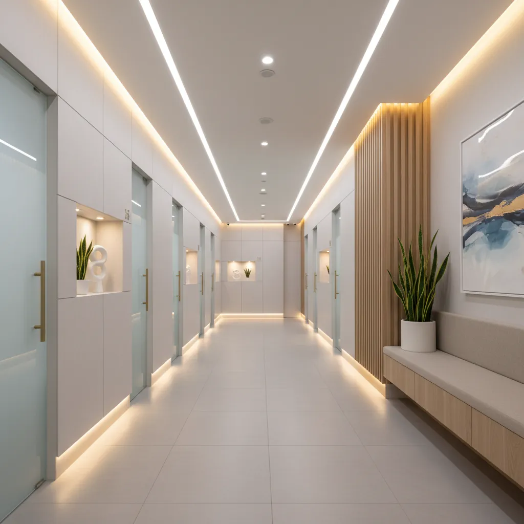 Pasillo moderno de clínica dental con iluminación suave y diseño limpio