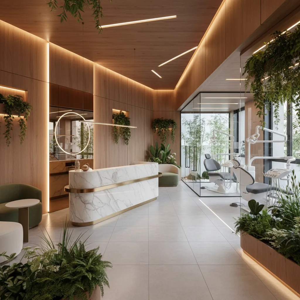 Clínica dental contemporánea con iluminación indirecta y diseño elegante