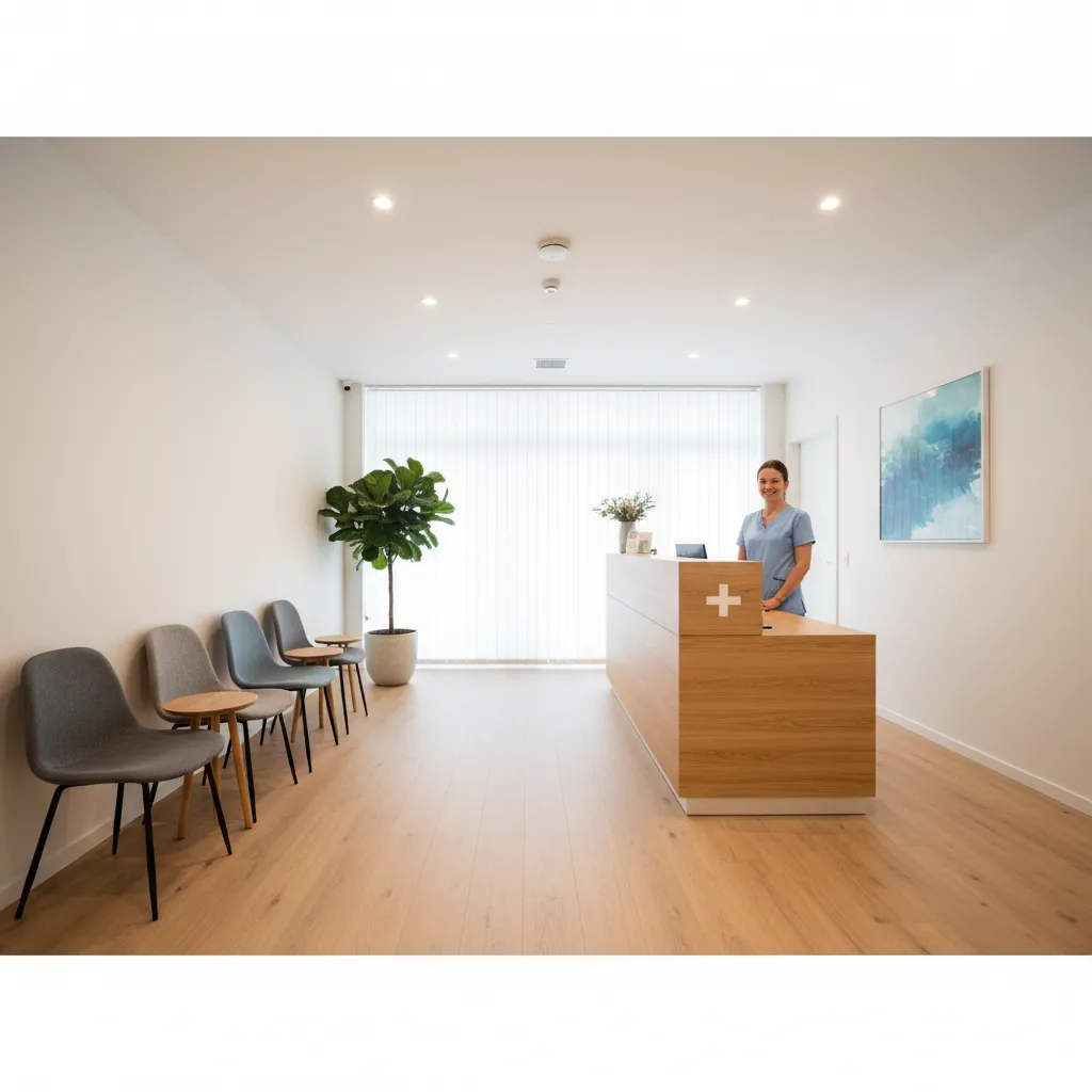 Recepción moderna de clínica dental con diseño limpio y luminoso