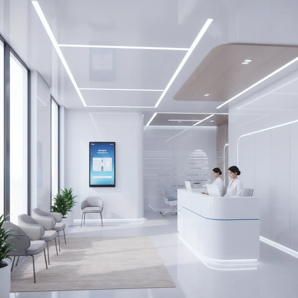 Modern dental clinic reception interior with sleek surfaces and digital displays