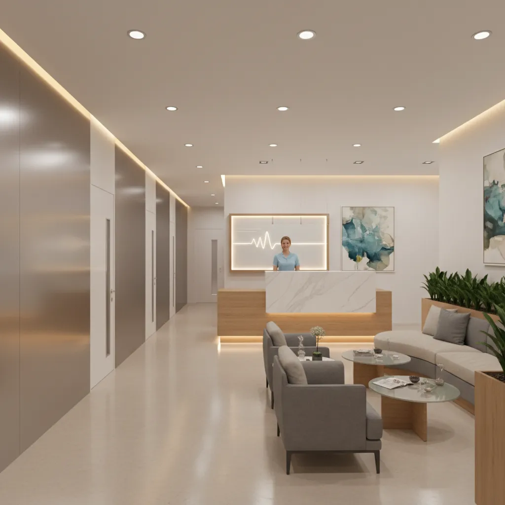 modern dental clinic reception and treatment hallway layout