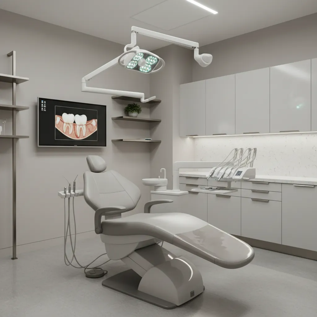 High tech modern dental treatment room interior with sleek cabinetry and lighting