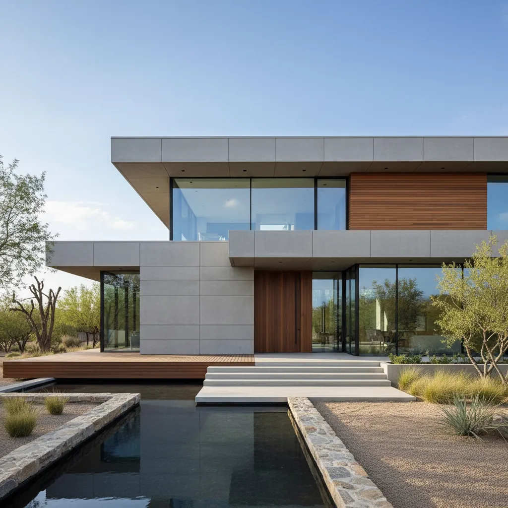 Exterior de una vivienda moderna con líneas arquitectónicas limpias
