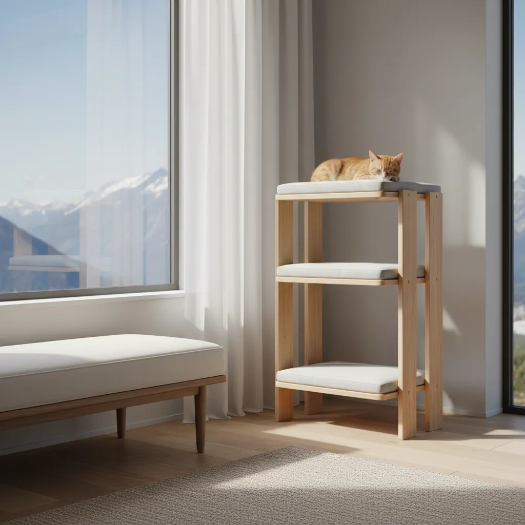 minimalist wooden cat tree placed near bedroom window
