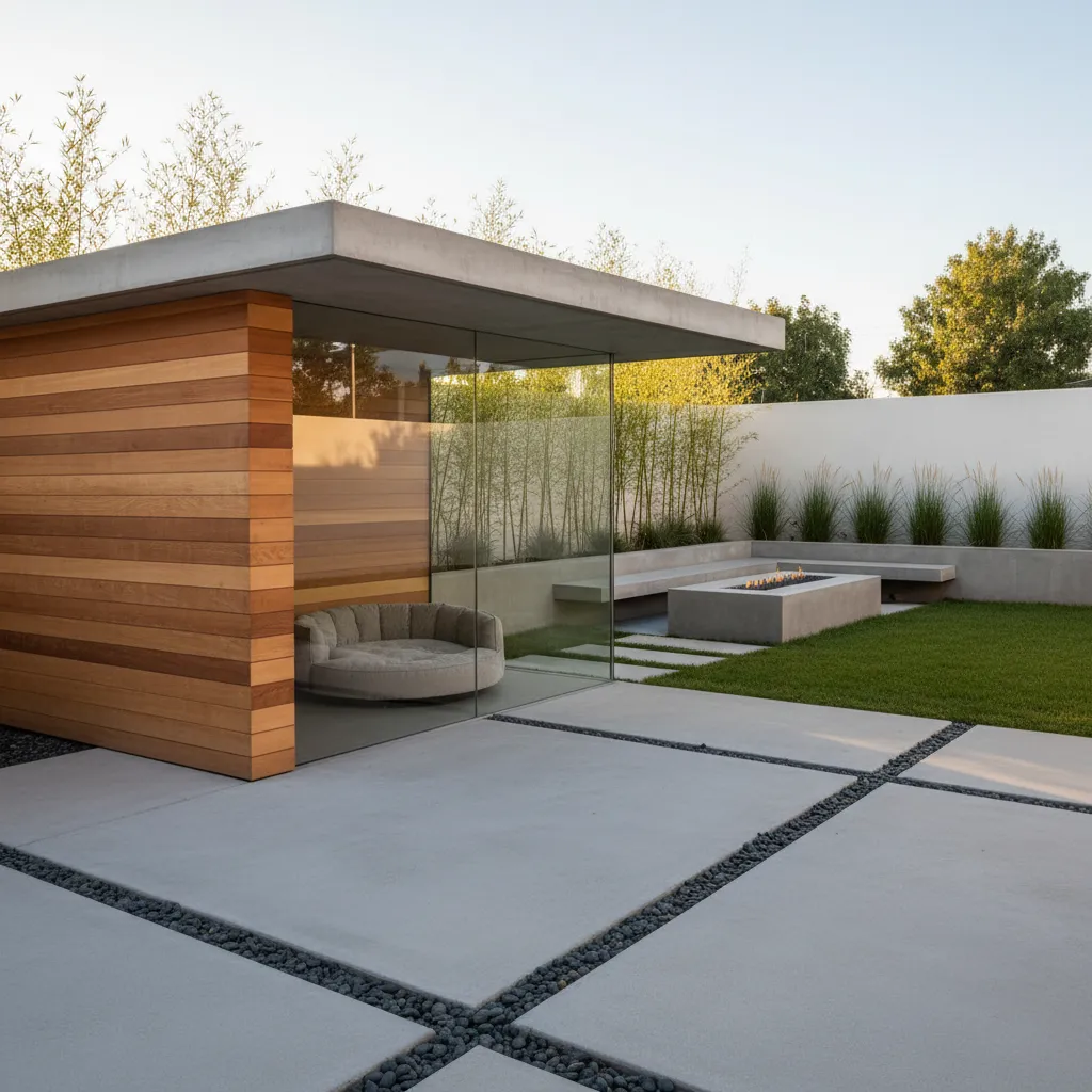 Modern designer dog house with glass walls wood paneling outdoor patio grass and fire pit