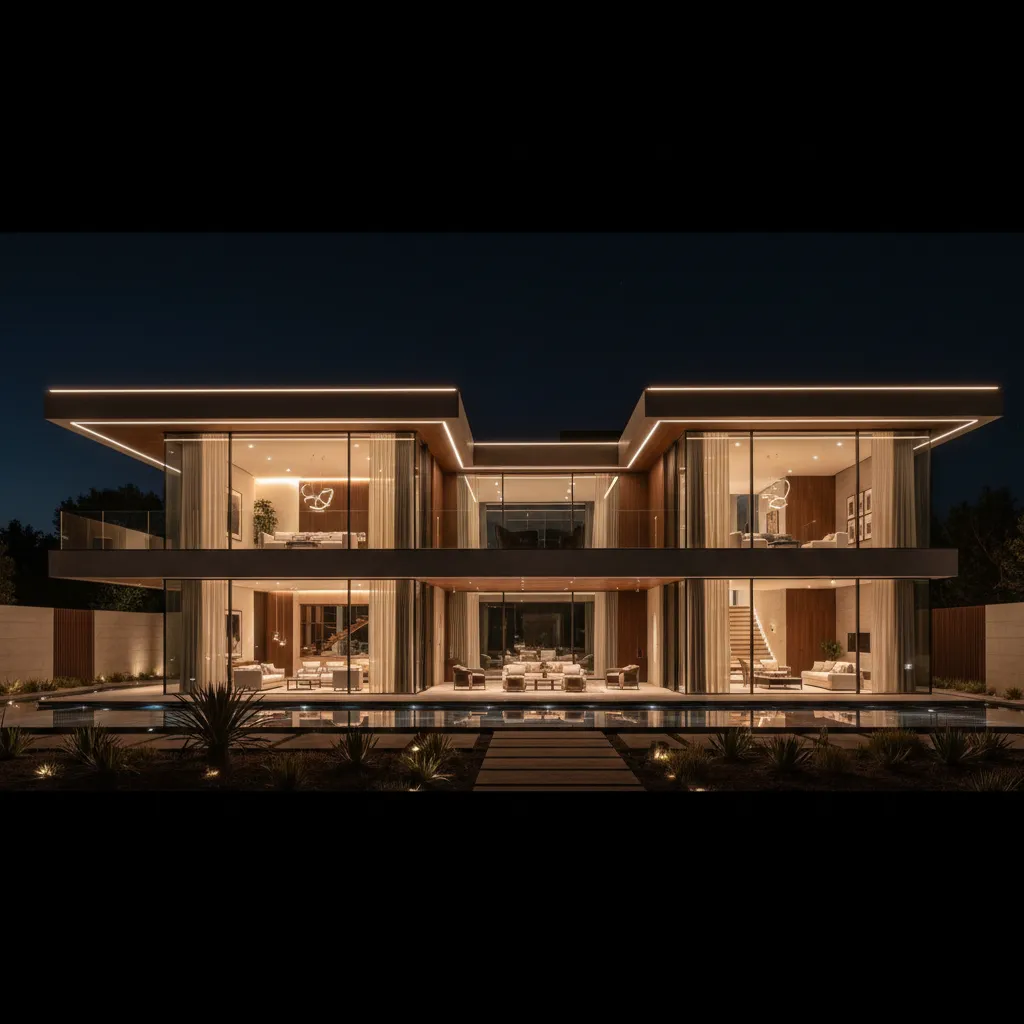Modern two story house at night with pool warm lights and large glass walls and windows