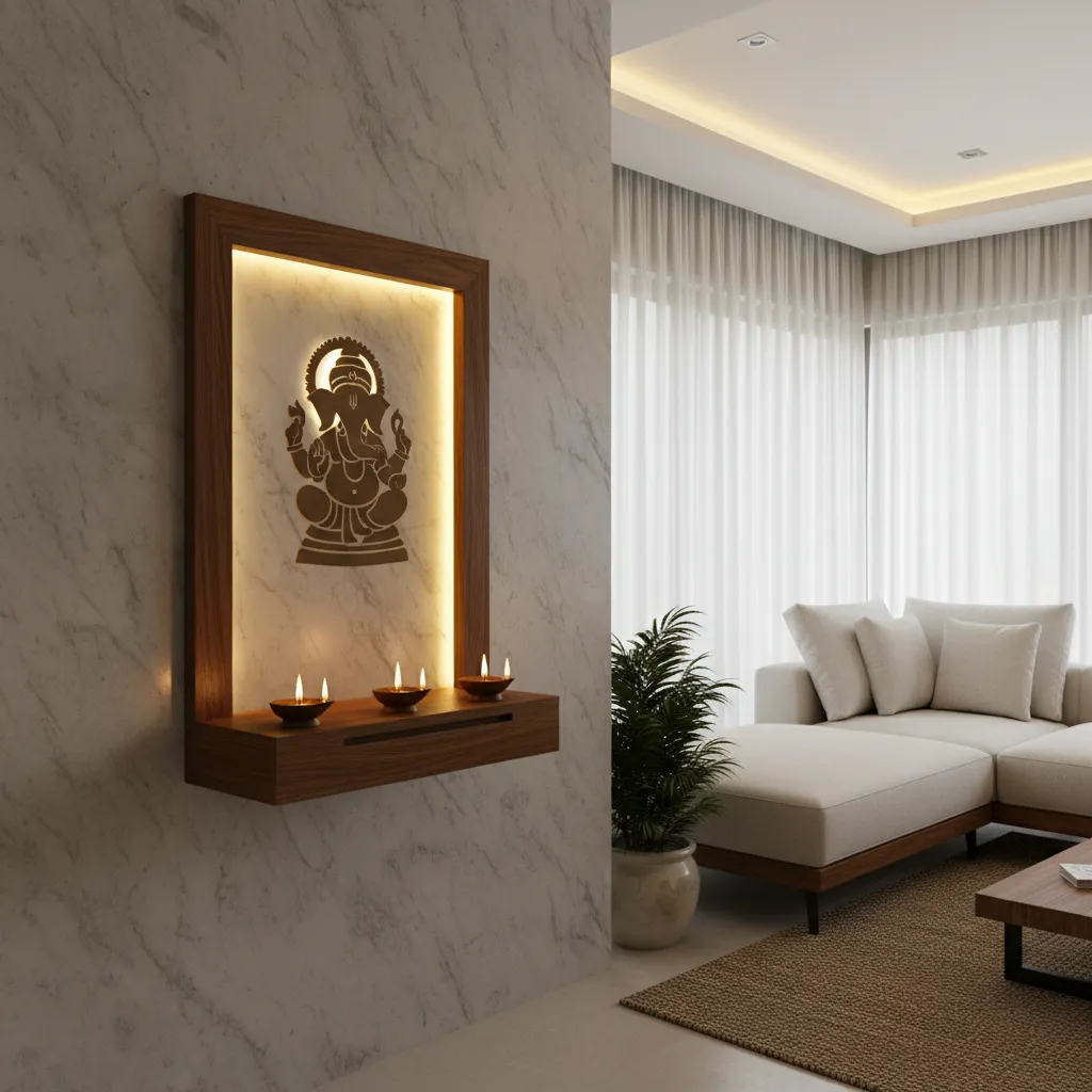 Modern wooden Devara Mantapa with soft warm lighting highlighting the deity