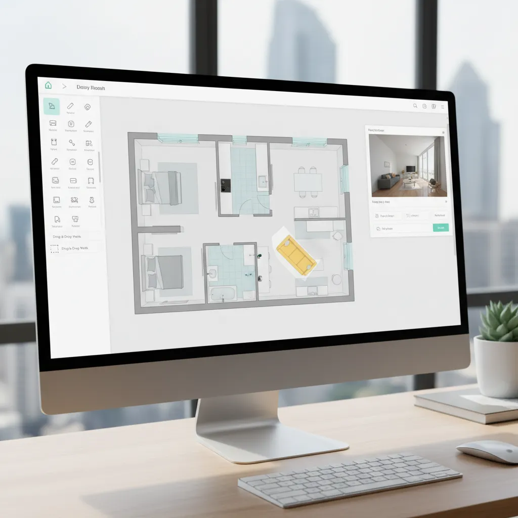 Modern online floor planning tool showing drag and drop walls and furniture