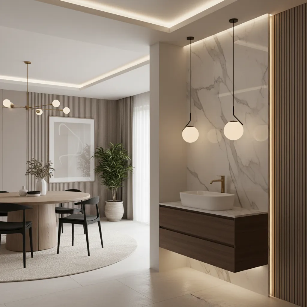 modern dining wash basin with marble wall and pendant lighting