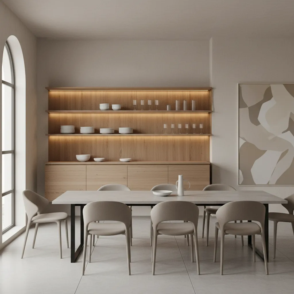 Contemporary dining room with wall mounted crockery storage and display shelves
