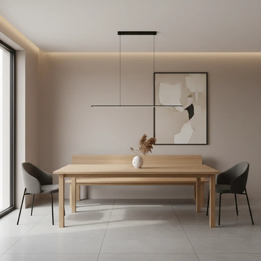 Contemporary dining room with long wooden table and bench seating against wall