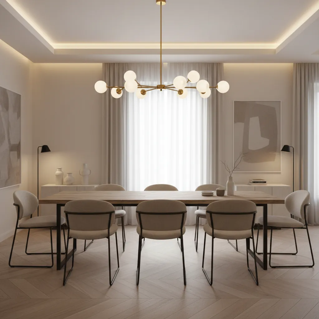 Modern dining room with a centered chandelier above wooden dining table