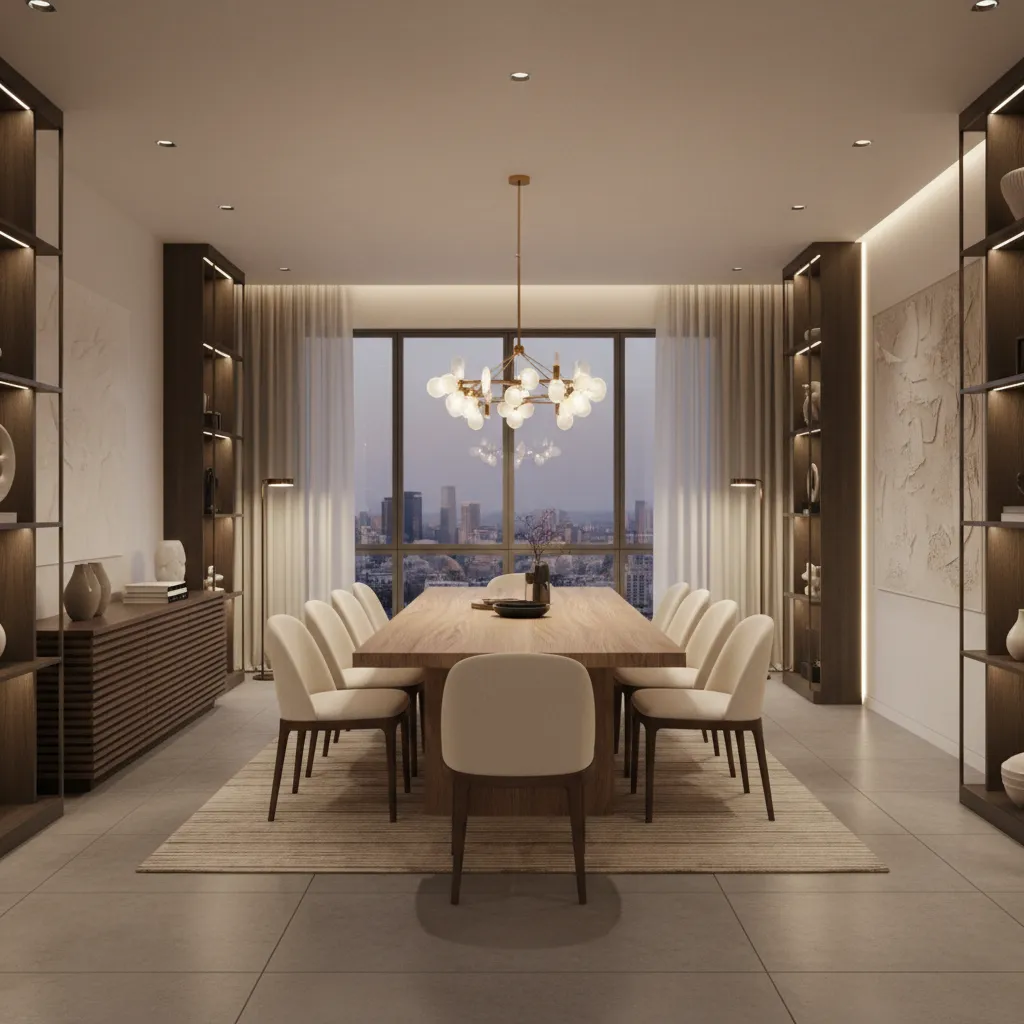 modern dining room with chandelier centered over rectangular dining table
