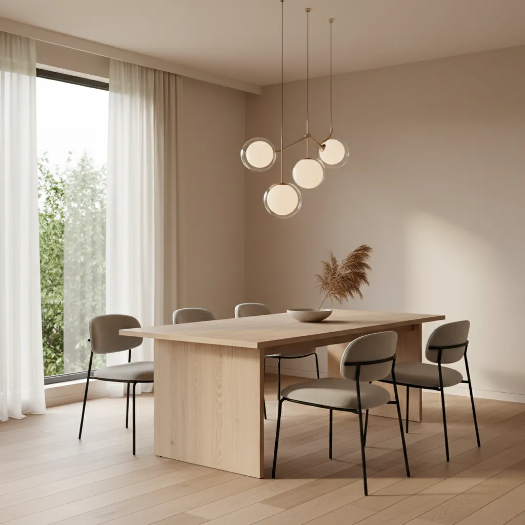 Modern dining room interior with warm neutral wall colors and wooden furniture