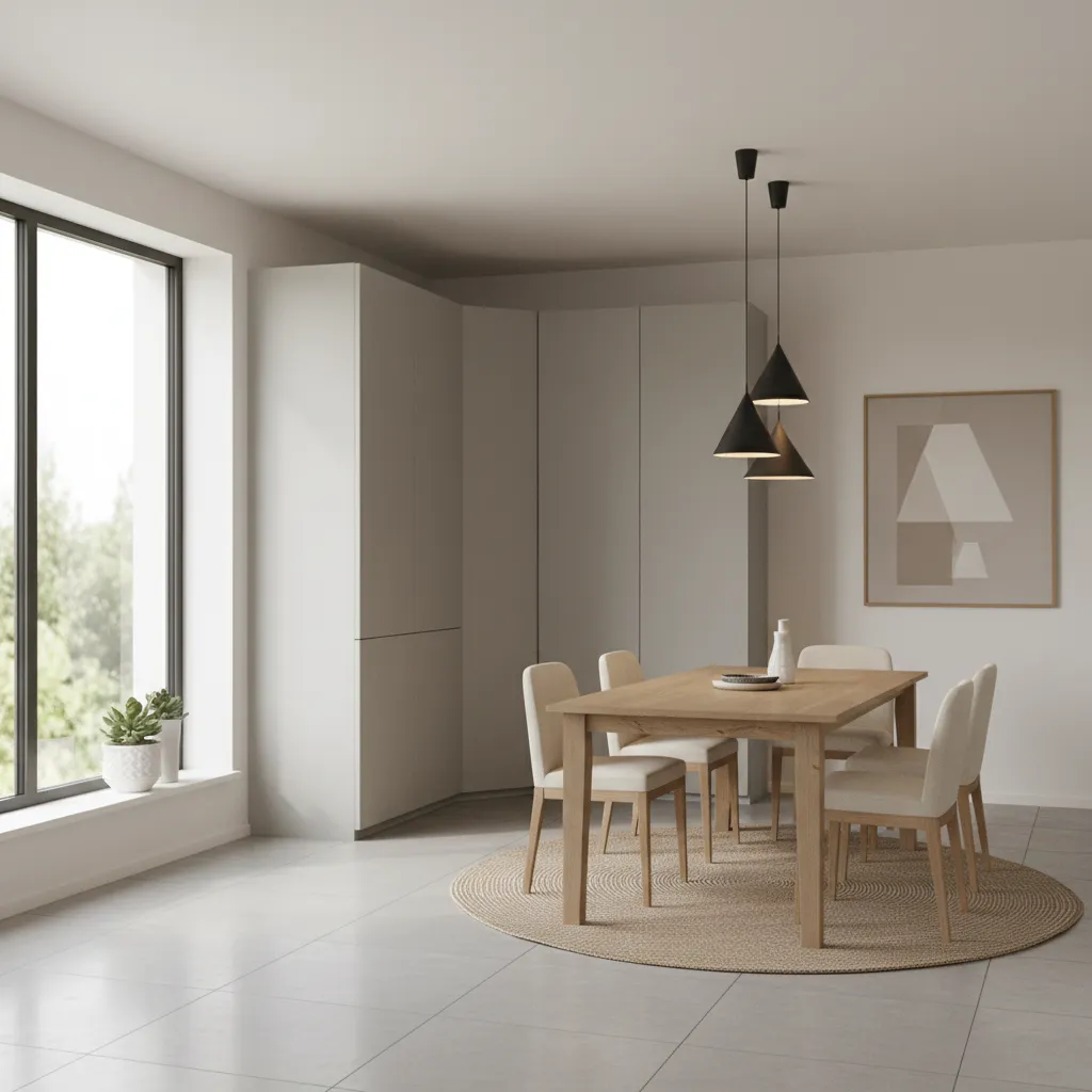 Modern dining room with minimalist corner cabinet and neutral decor