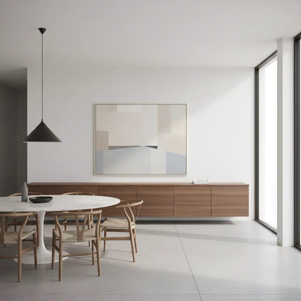 modern low credenza cabinet in open plan dining space