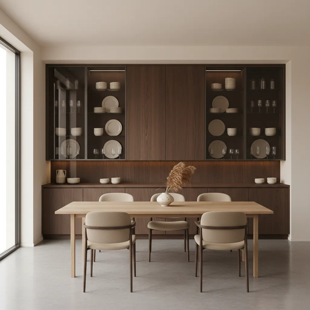 Dining room wall with stylish crockery storage unit and display shelves