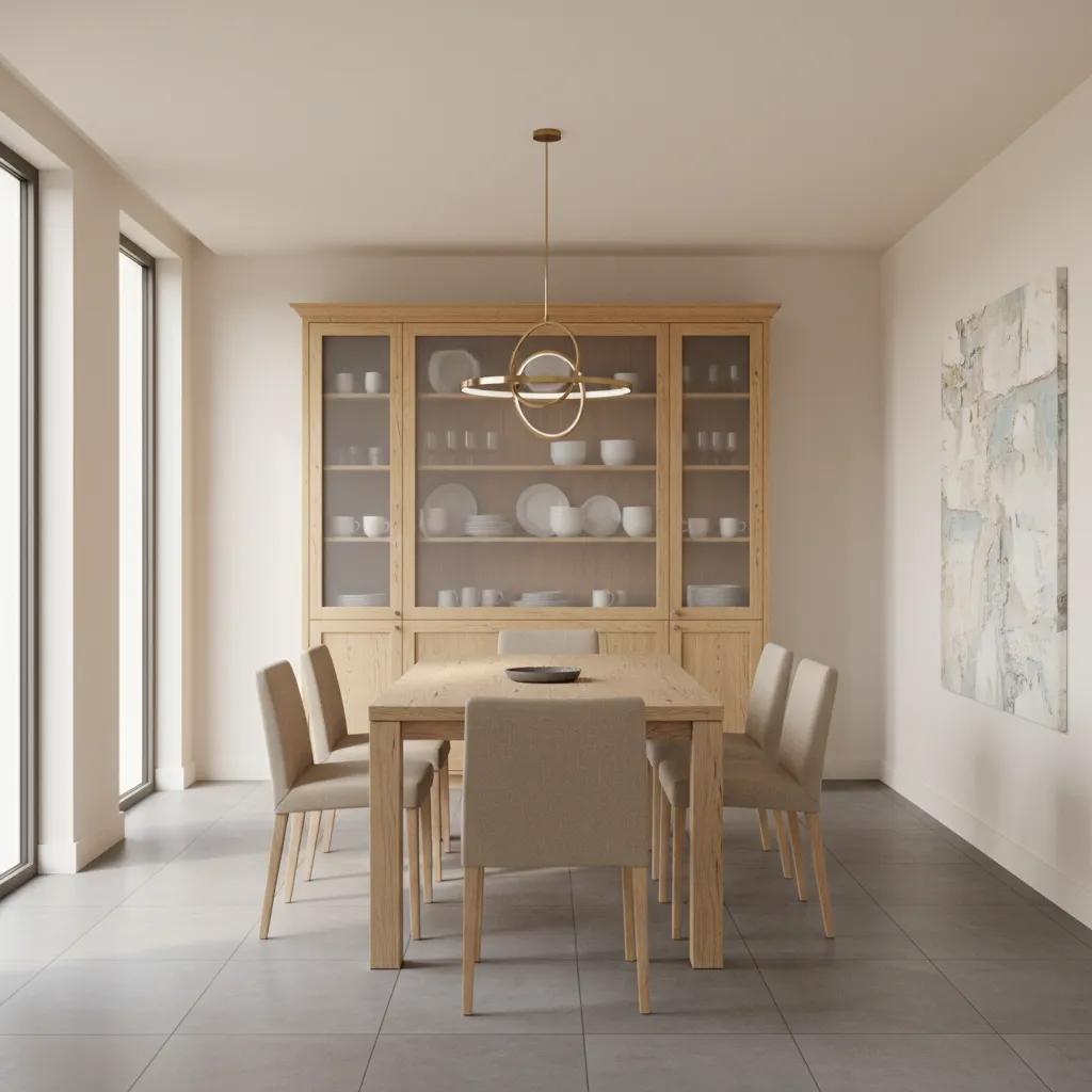 Dining room with modern crockery cabinet and wooden dining table