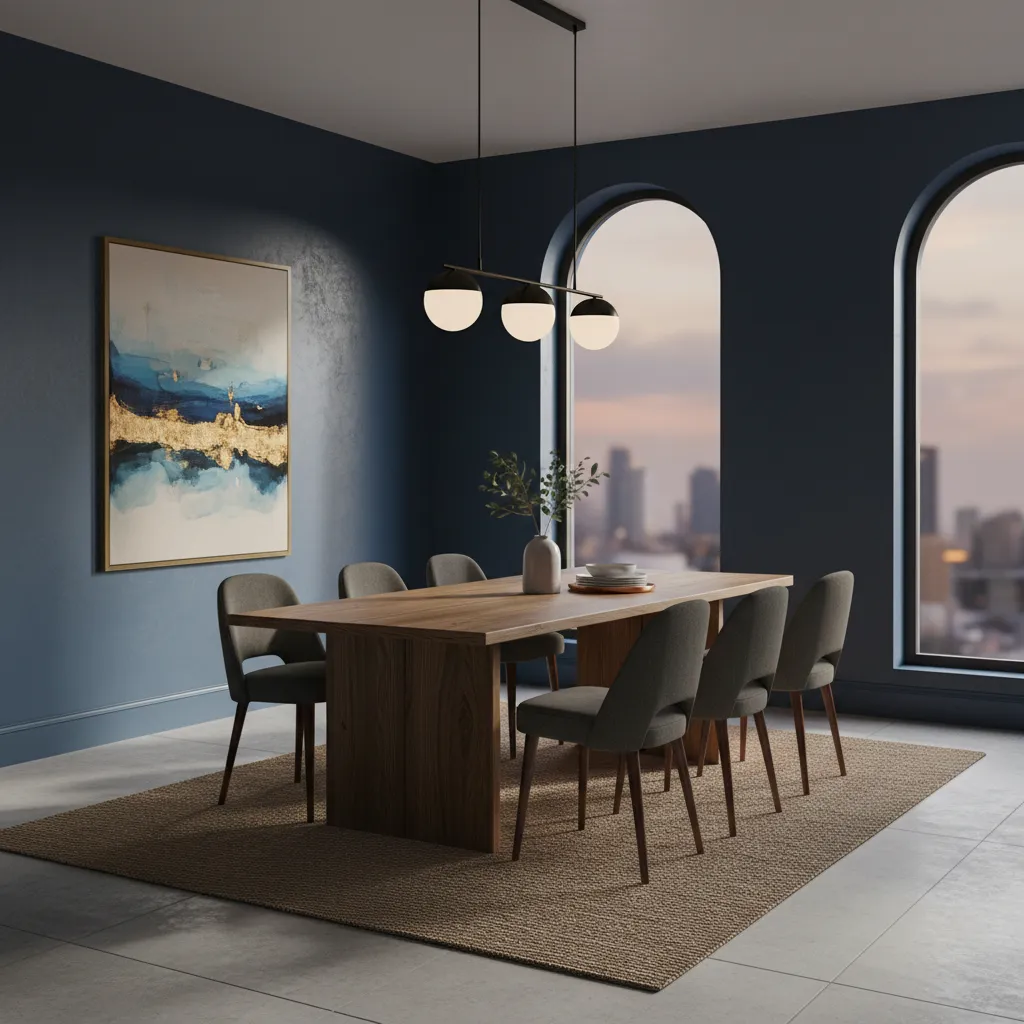 Modern dining room with deep navy paint and warm lighting