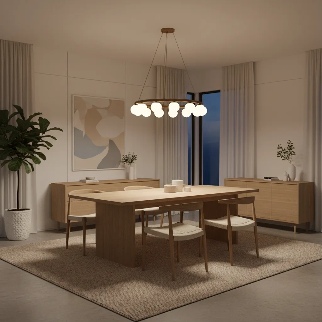 Well designed dining room with warm overhead lighting and wooden dining table