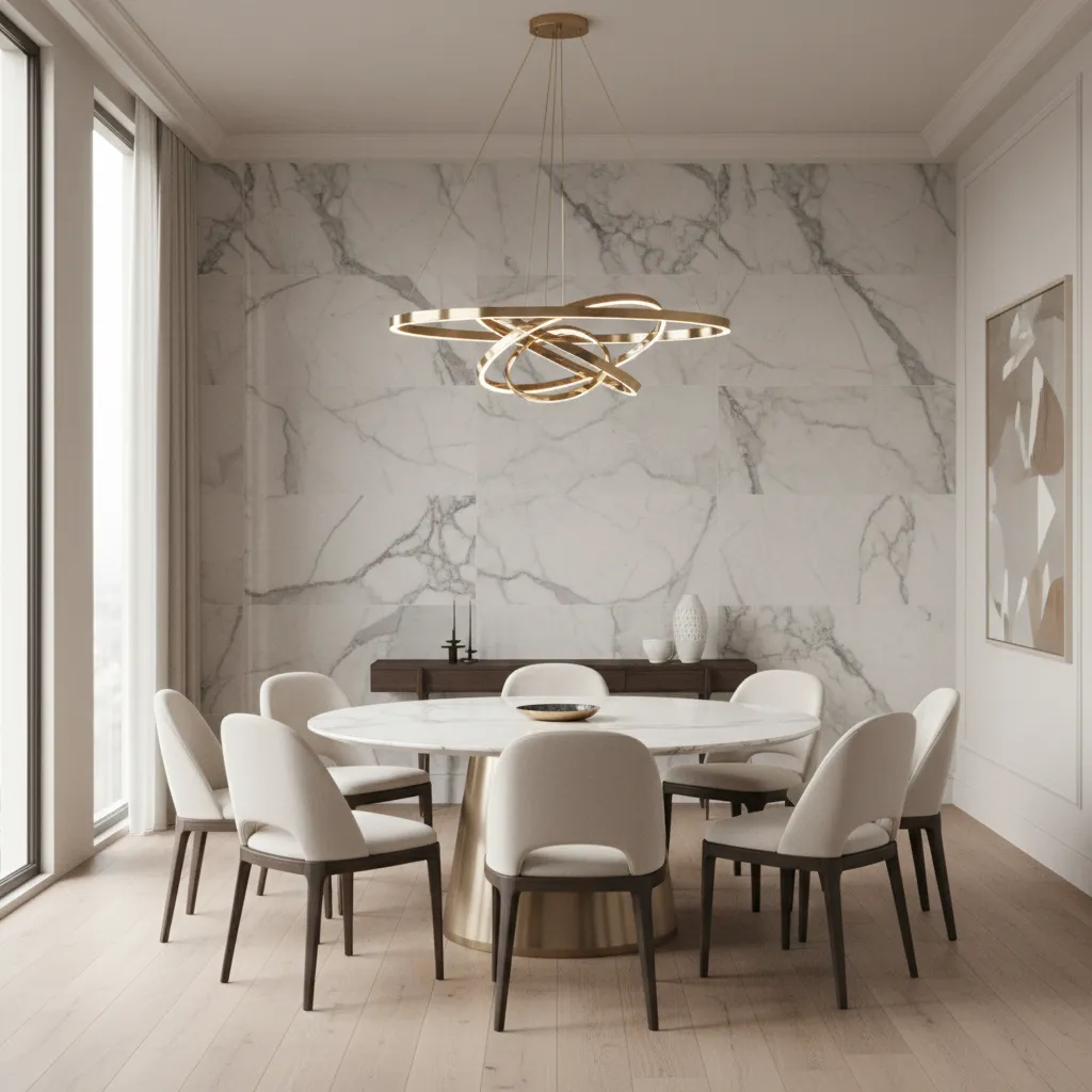 Elegant dining room with large marble-look tile wall