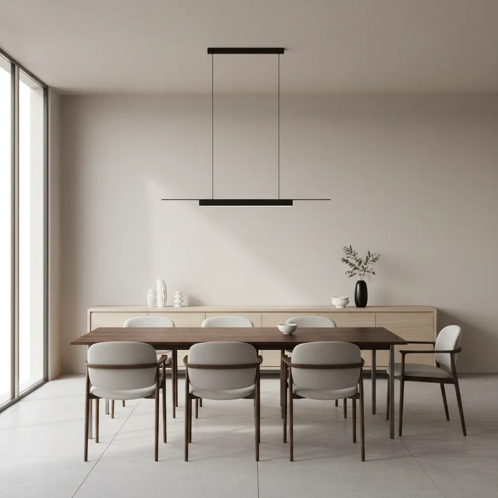 Modern dining room with wooden sideboard and minimalist decor