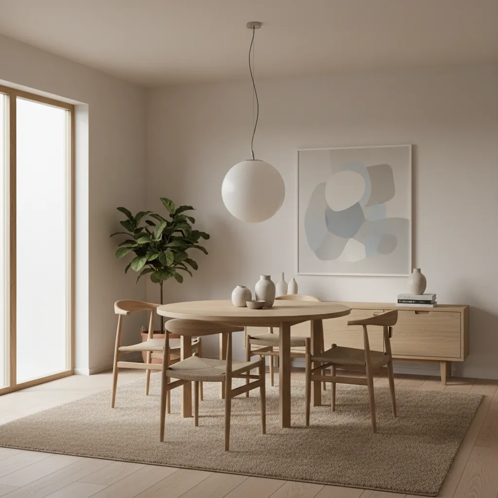 Modern Scandinavian dining room with a globe swag lamp over the table