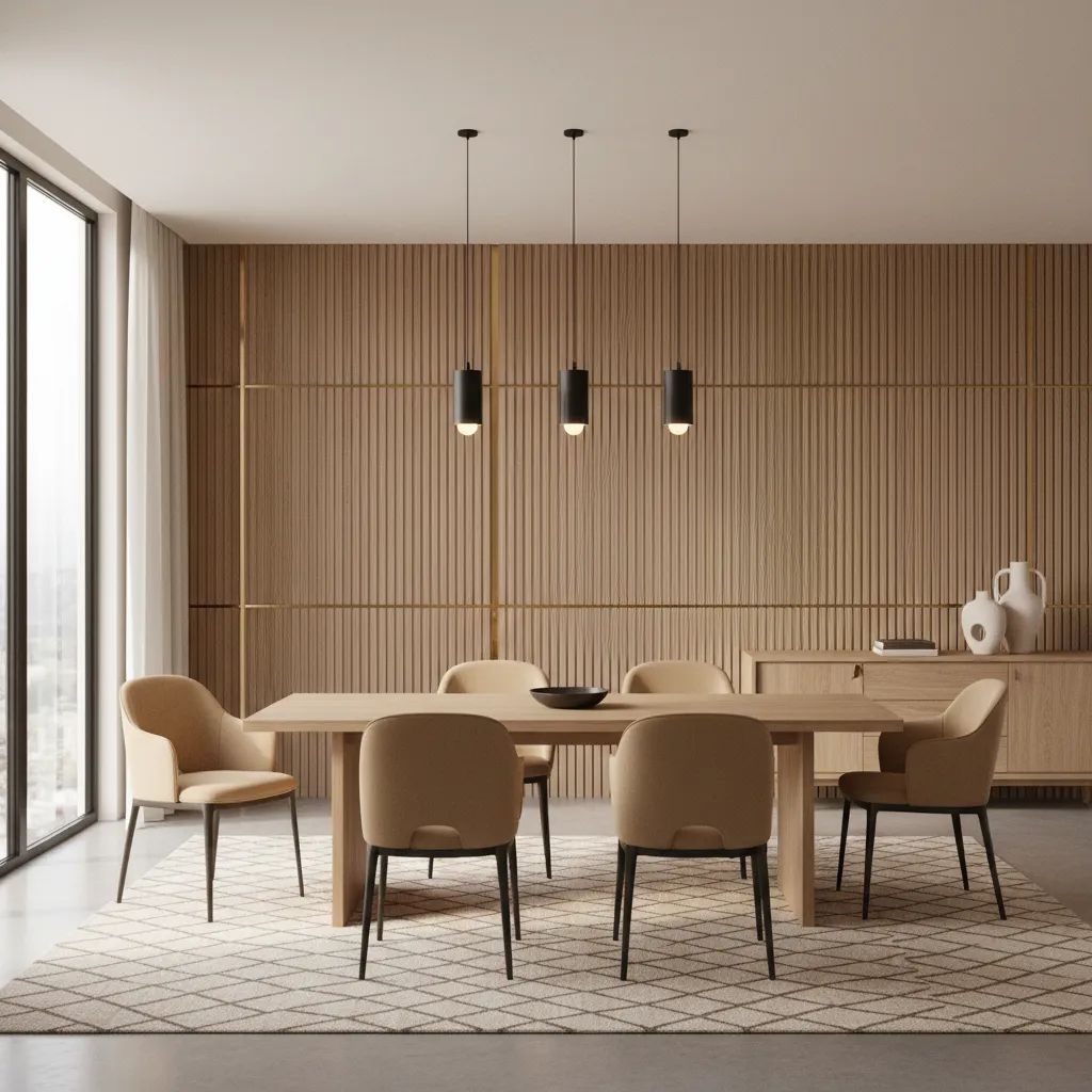 Modern dining room with decorated feature wall behind dining table