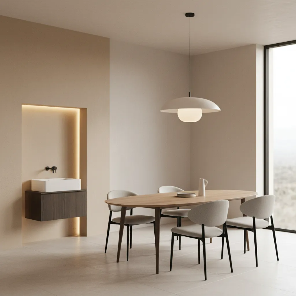 Minimal dining room with a small wall niche featuring a stylish wash basin