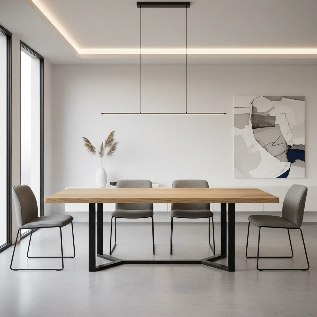 Modern dining table combining wood tabletop and metal base