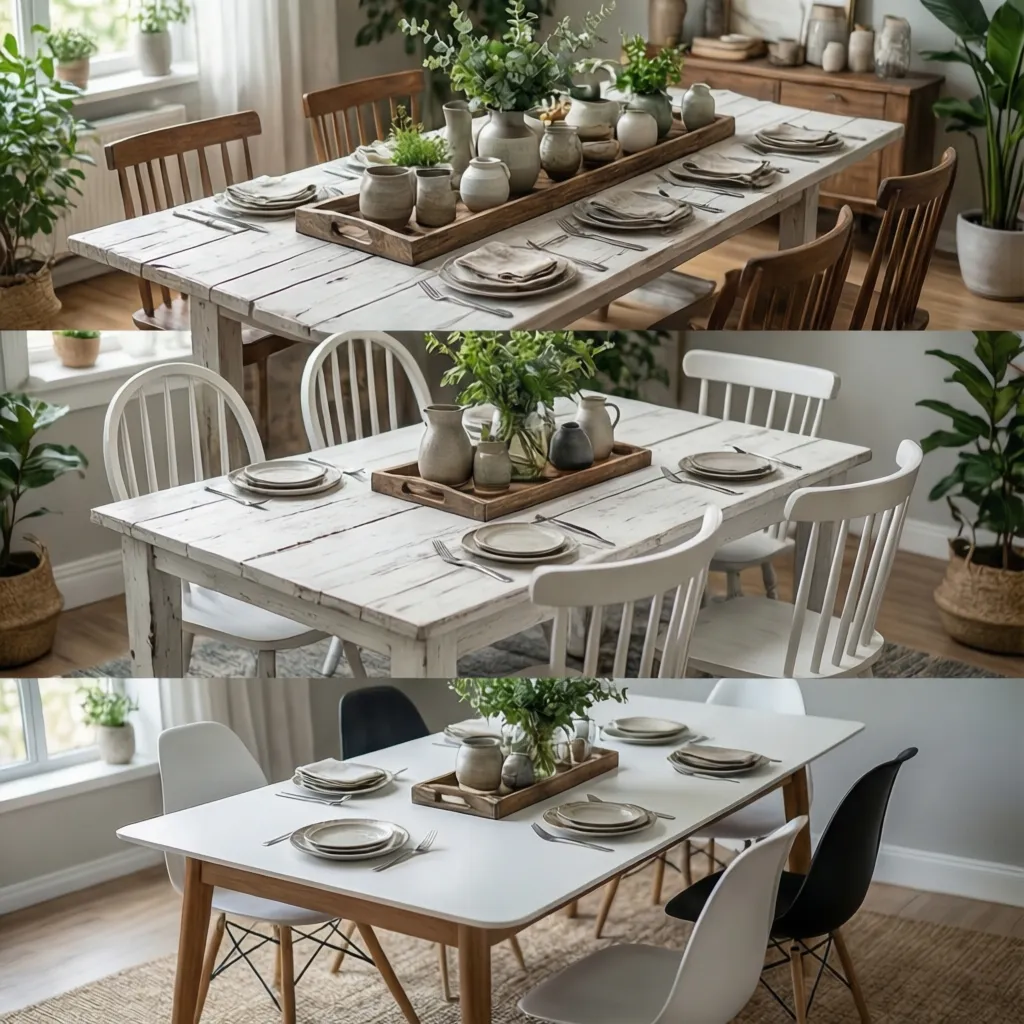 Different dining table decor themes including rustic modern and Scandinavian styles