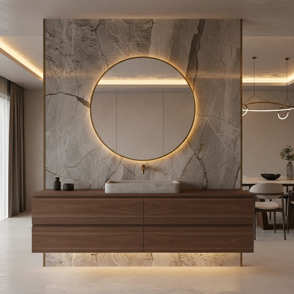 Stylish modern dining wash area with stone backsplash and mirror