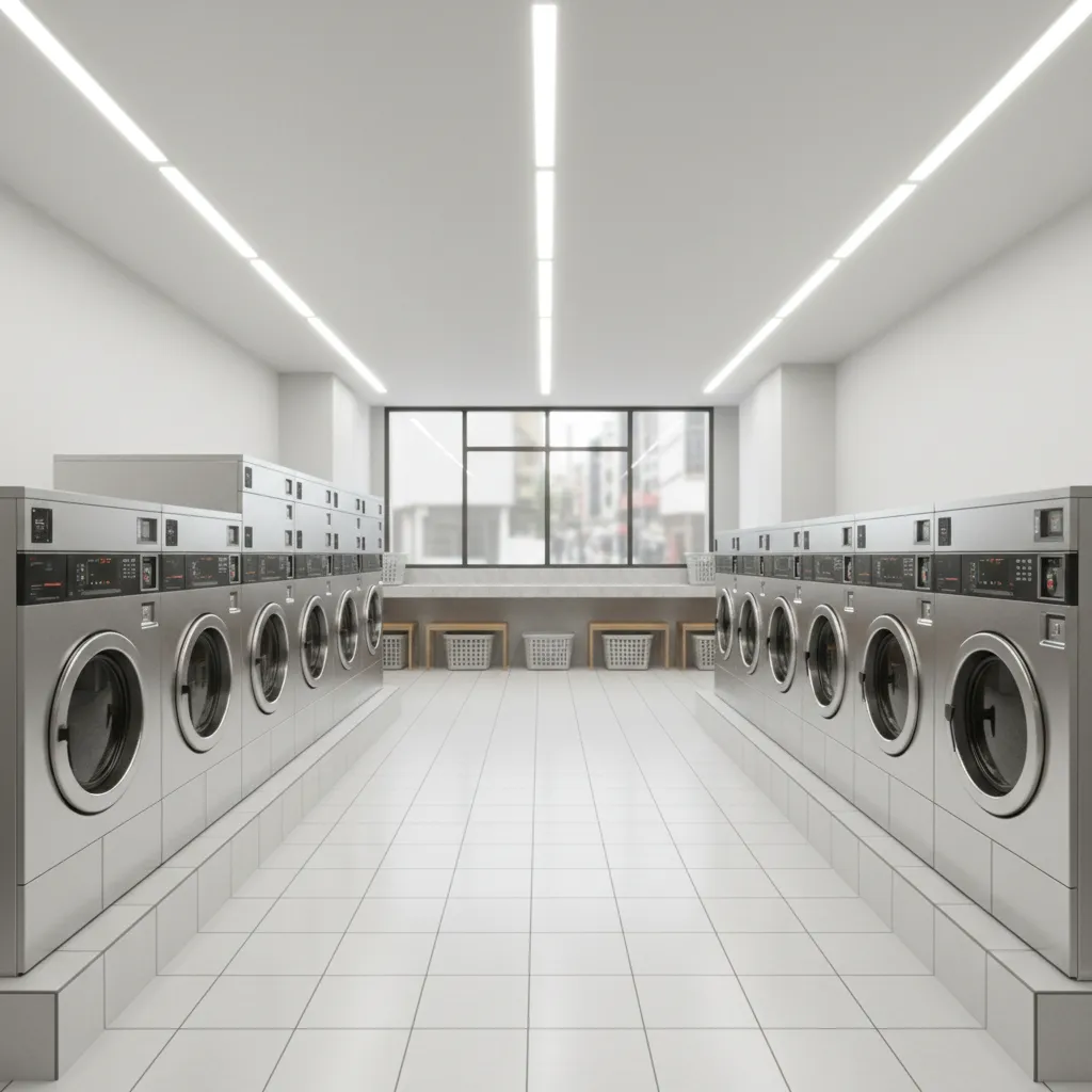 Modern laundromat interior with rows of washers and dryers