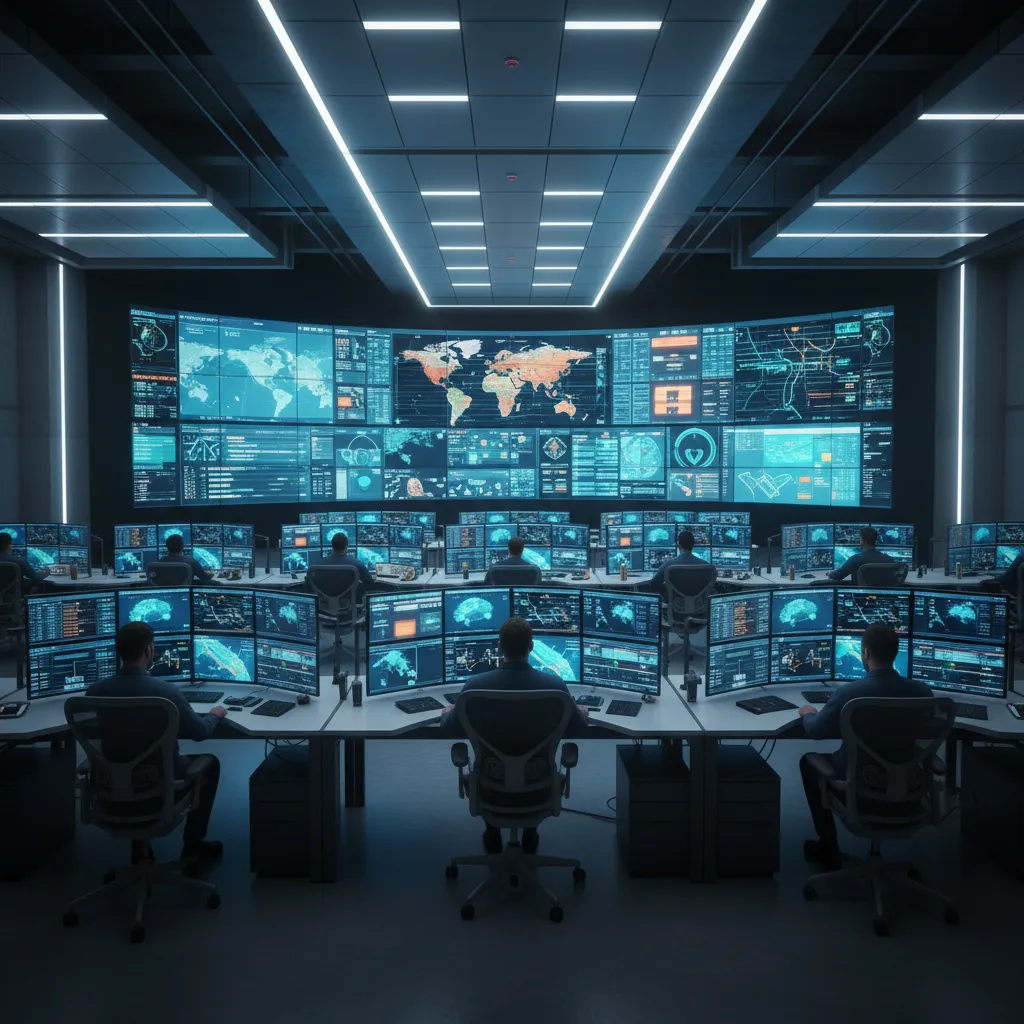 Wide view of a professional dispatch control room with multiple operator desks and digital screens