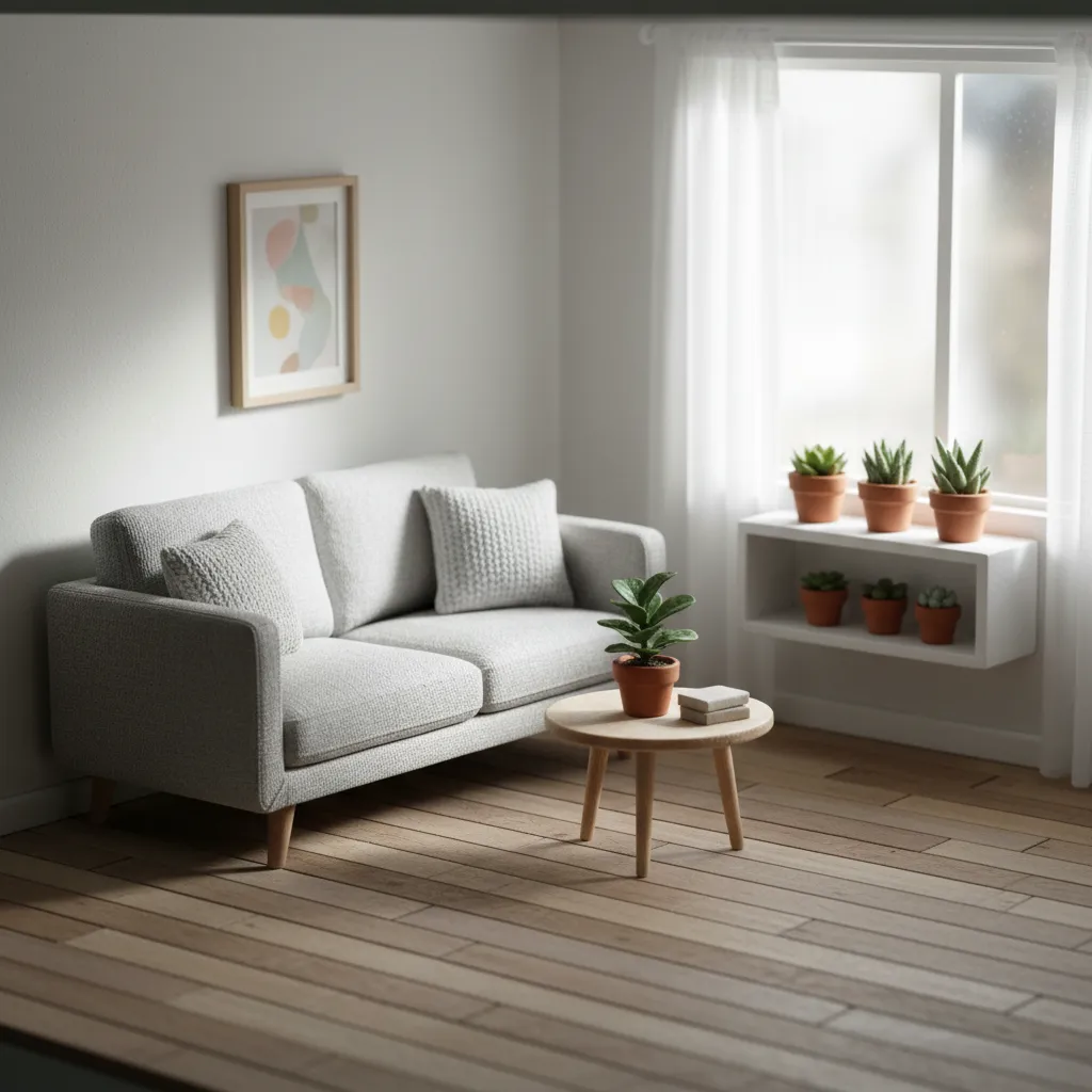 Salón moderno en miniatura dentro de una casa de muñecas contemporánea