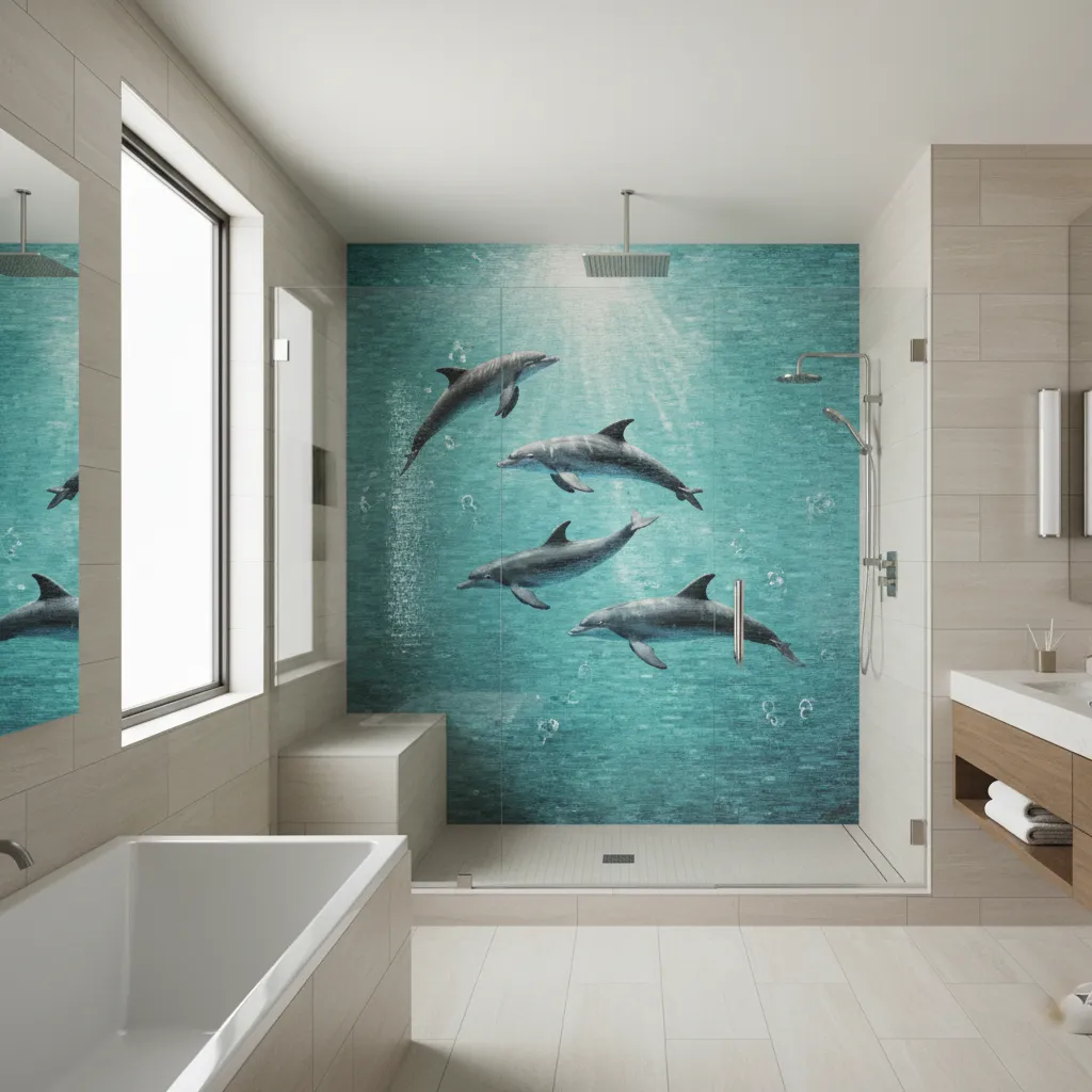 Walk in shower with large dolphin tile mural in modern bathroom