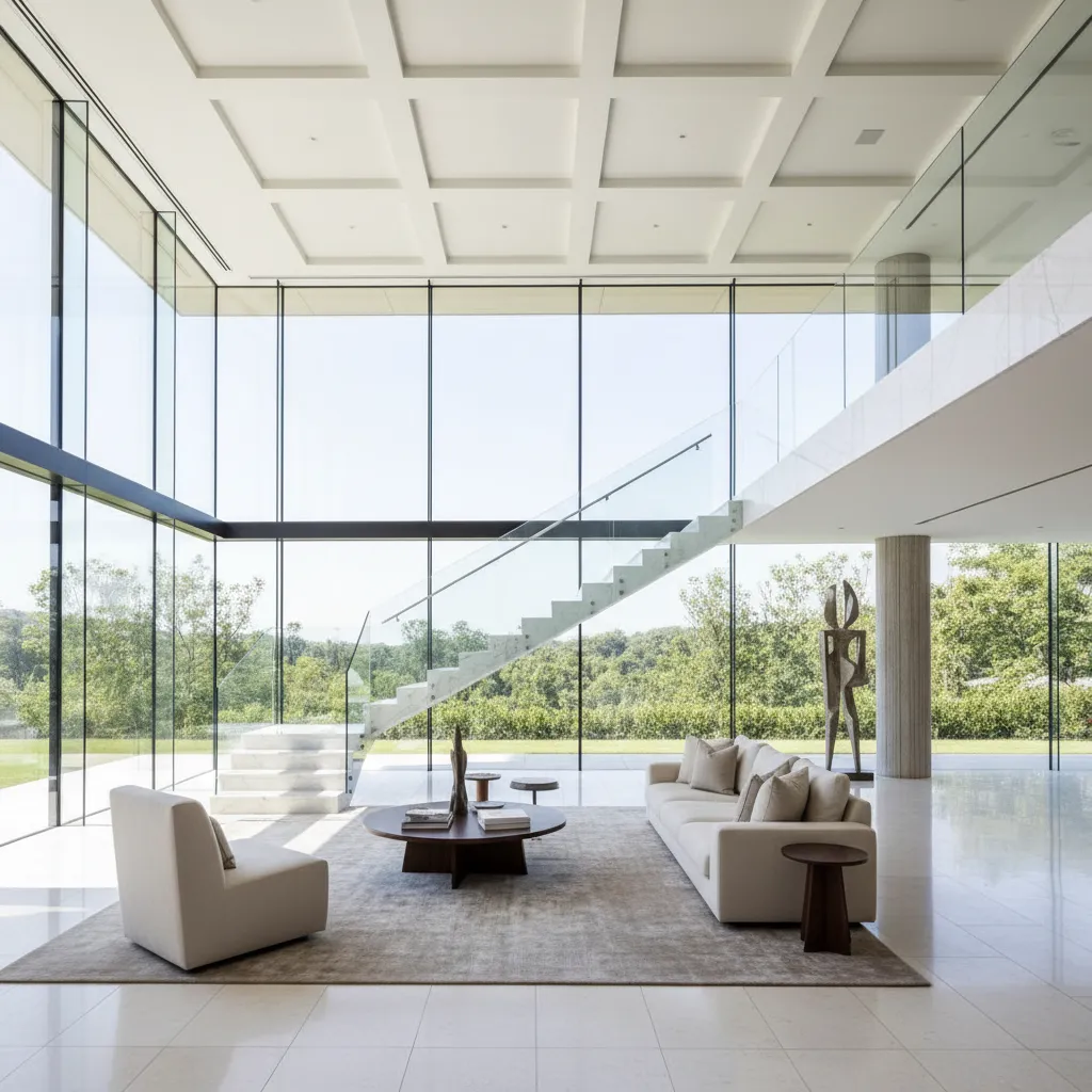 Modern high ceiling living room featuring glass windows glass stairs cream sofa coffee table rug