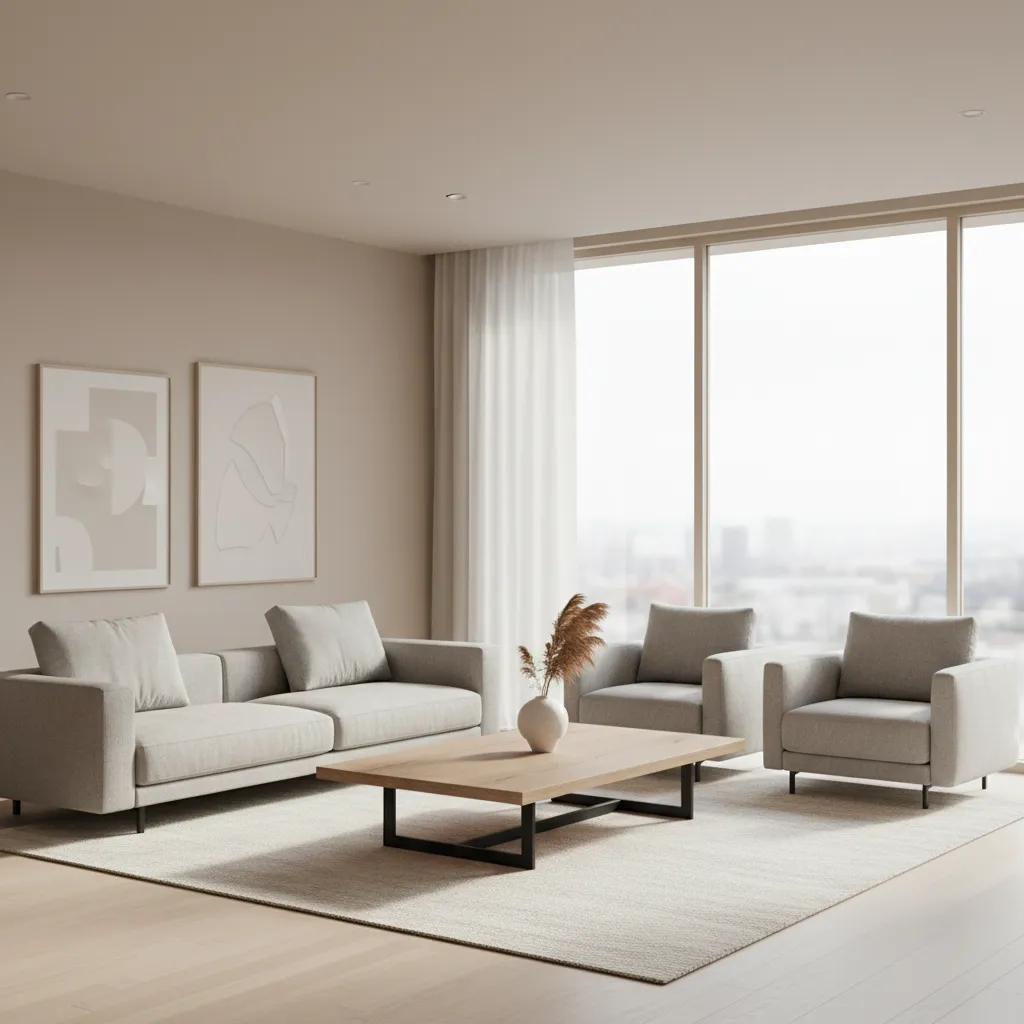 Modern drawing room seating arrangement with sofa chairs and coffee table