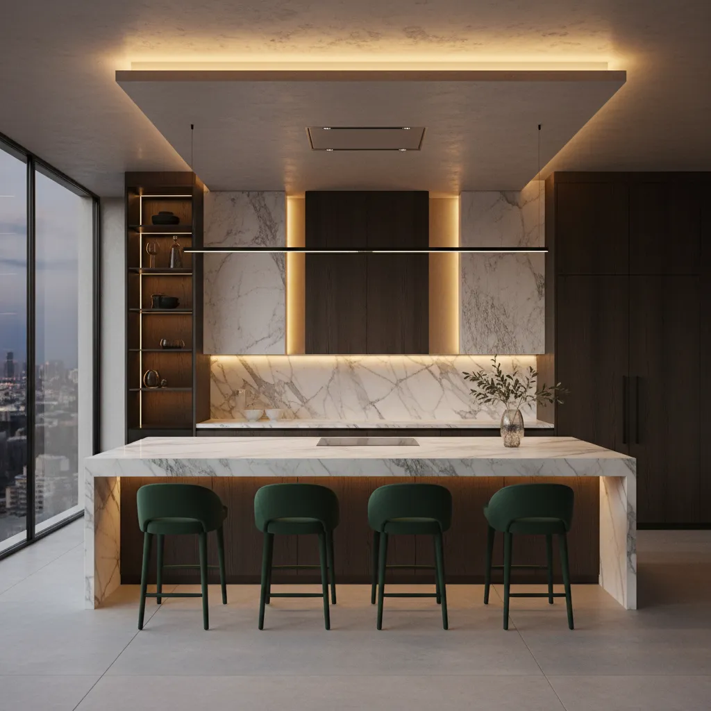 Cocina moderna con isla central y diseño elegante