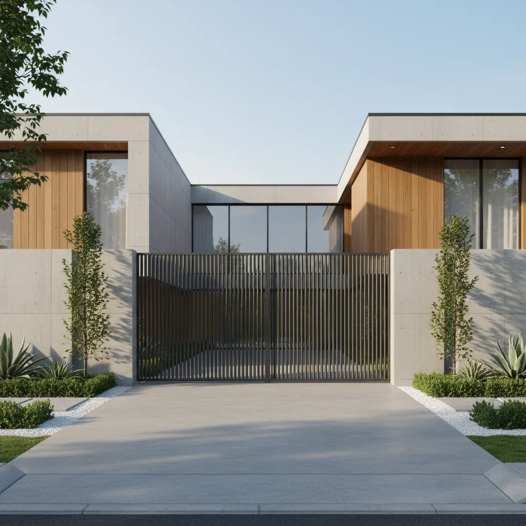Modern residential driveway gate with vertical metal slats