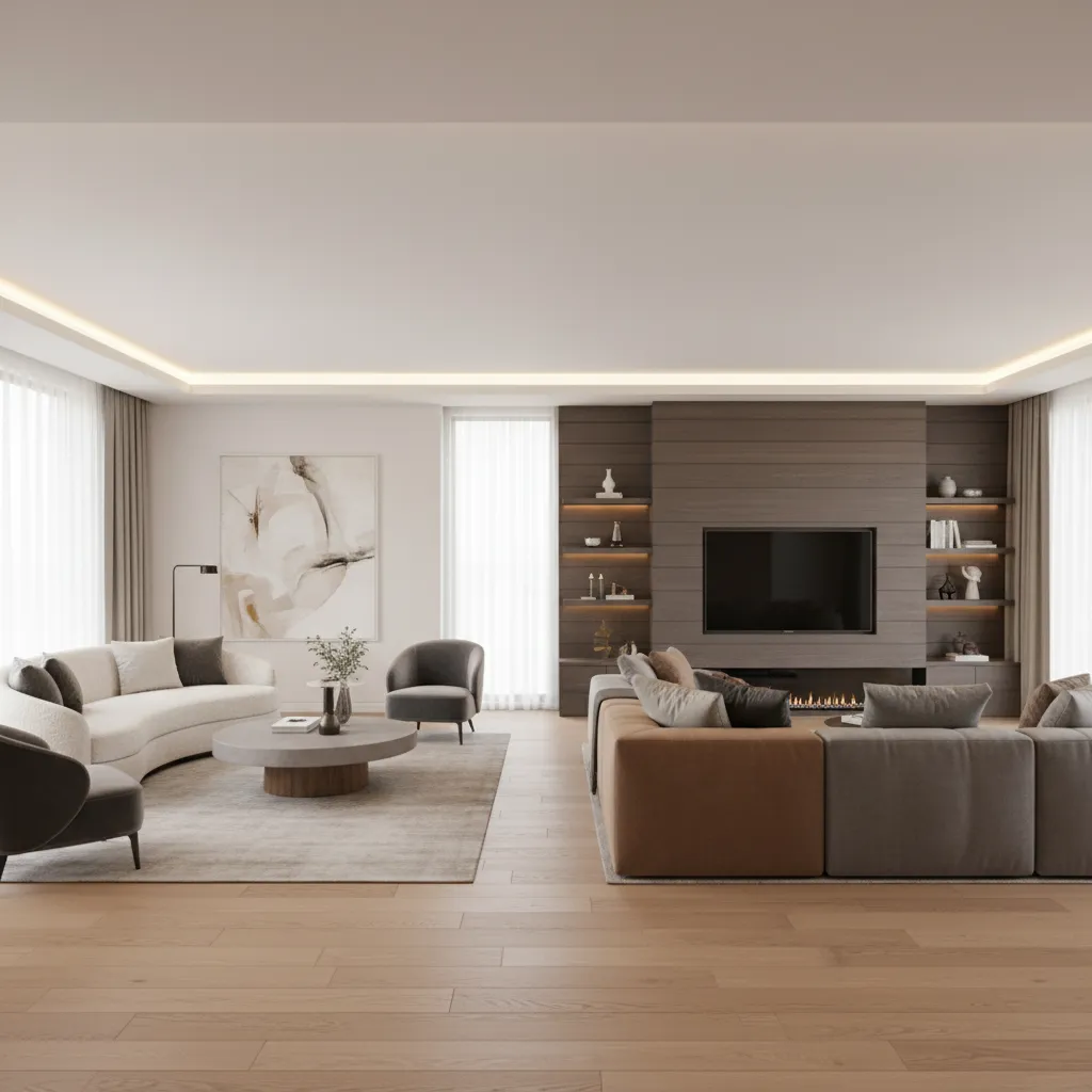 Contemporary house interior with formal living room and casual family lounge in different zones
