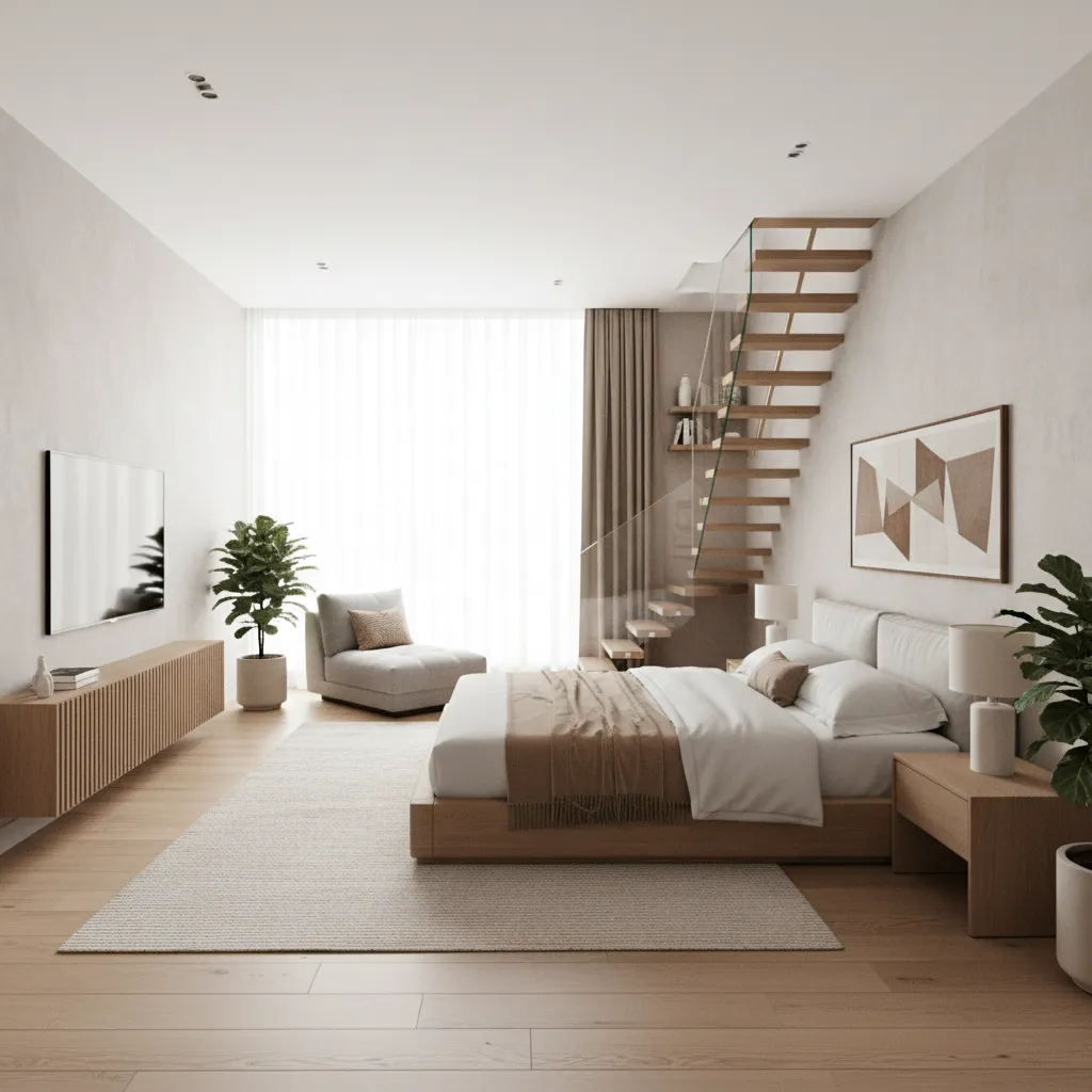 Modern bedroom with large bed wooden floor wooden stairs wall television and indoor potted plants