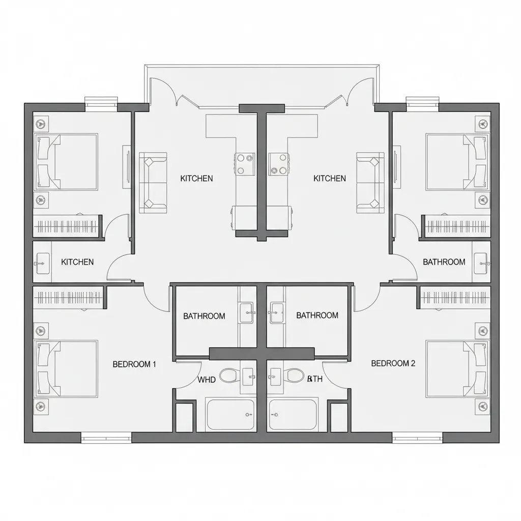 modular duplex floor plan showing two balanced rental units