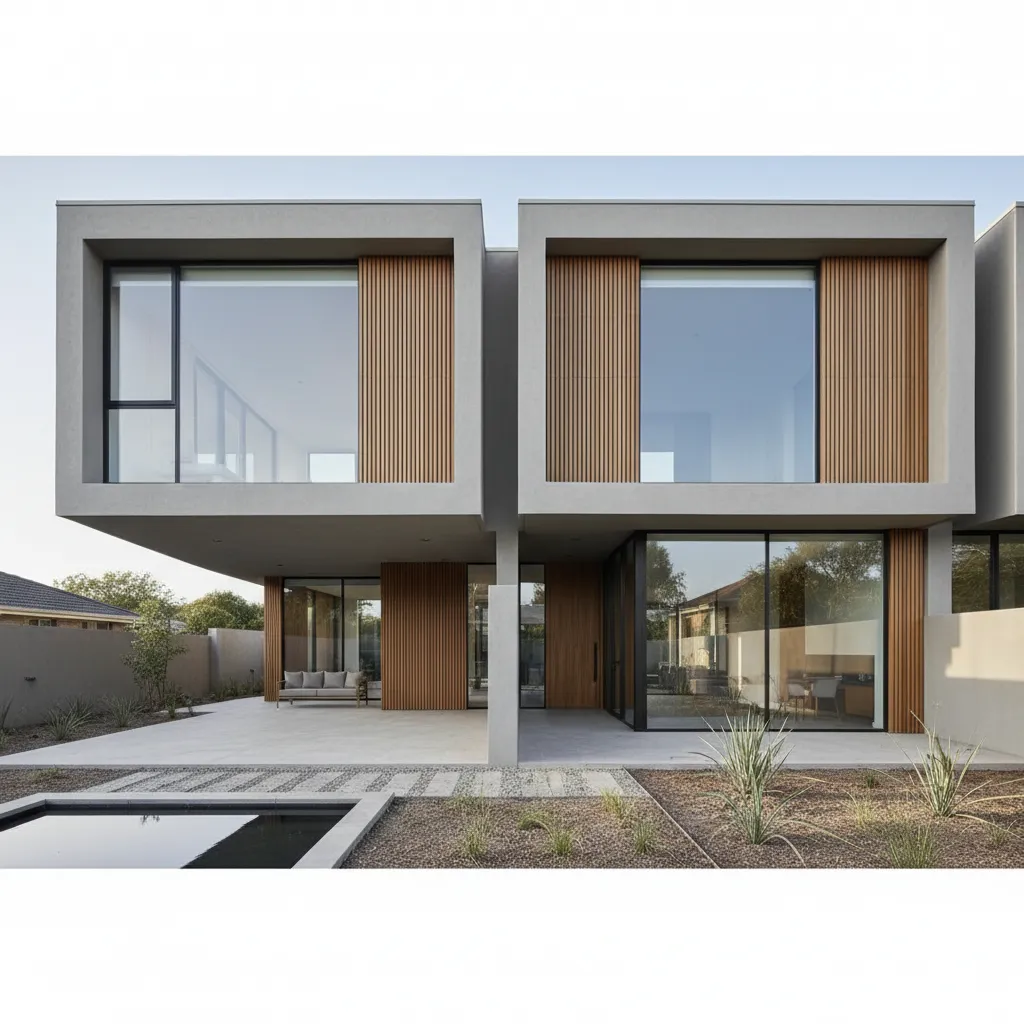 Modern two story house exterior with concrete walls wooden panels large windows and swimming pool