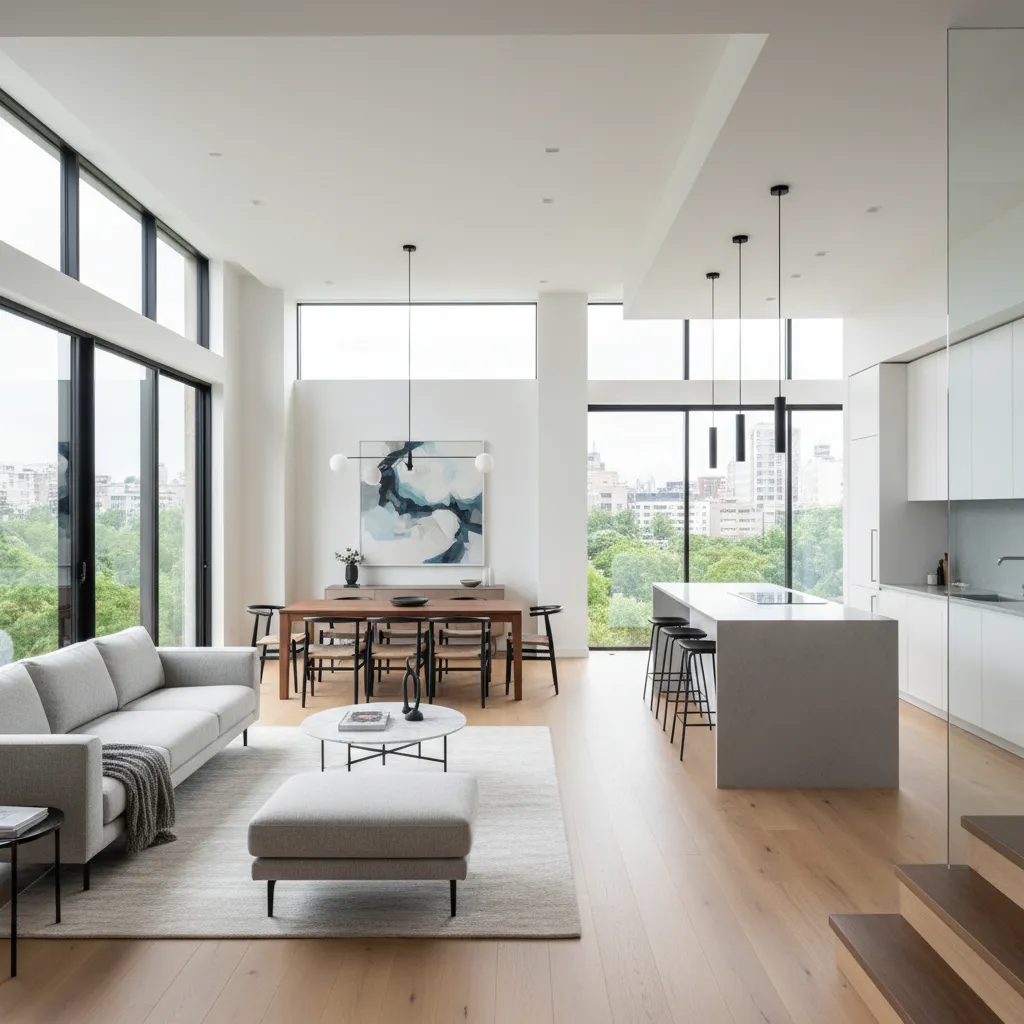 Modern open living room with grey sofa footrest dining table kitchen island and large windows