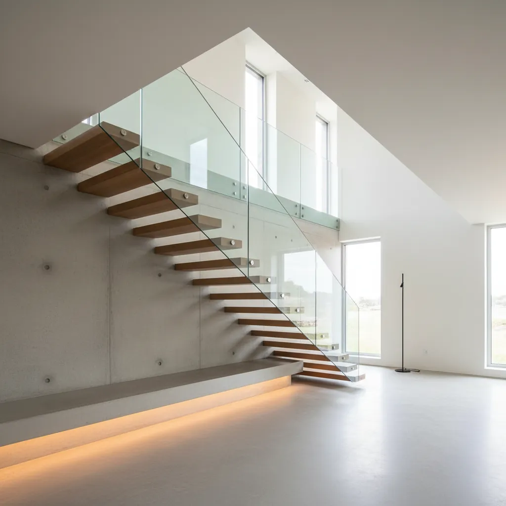 Modern floating wooden stairs with glass railing against a concrete wall and bright white room